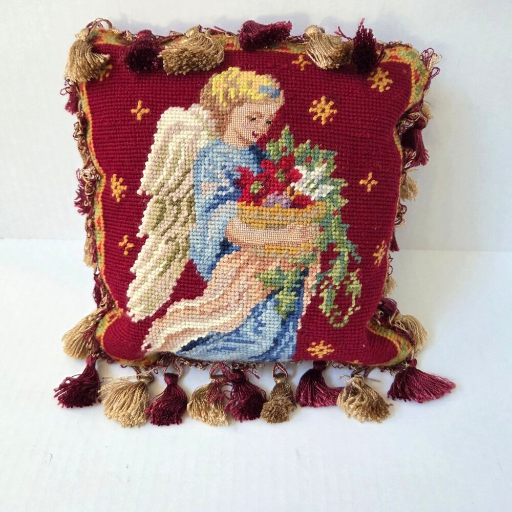 Christmas Needlepoint Pillow Angel Petit Point Tassels 9" Square Red Velvet Back